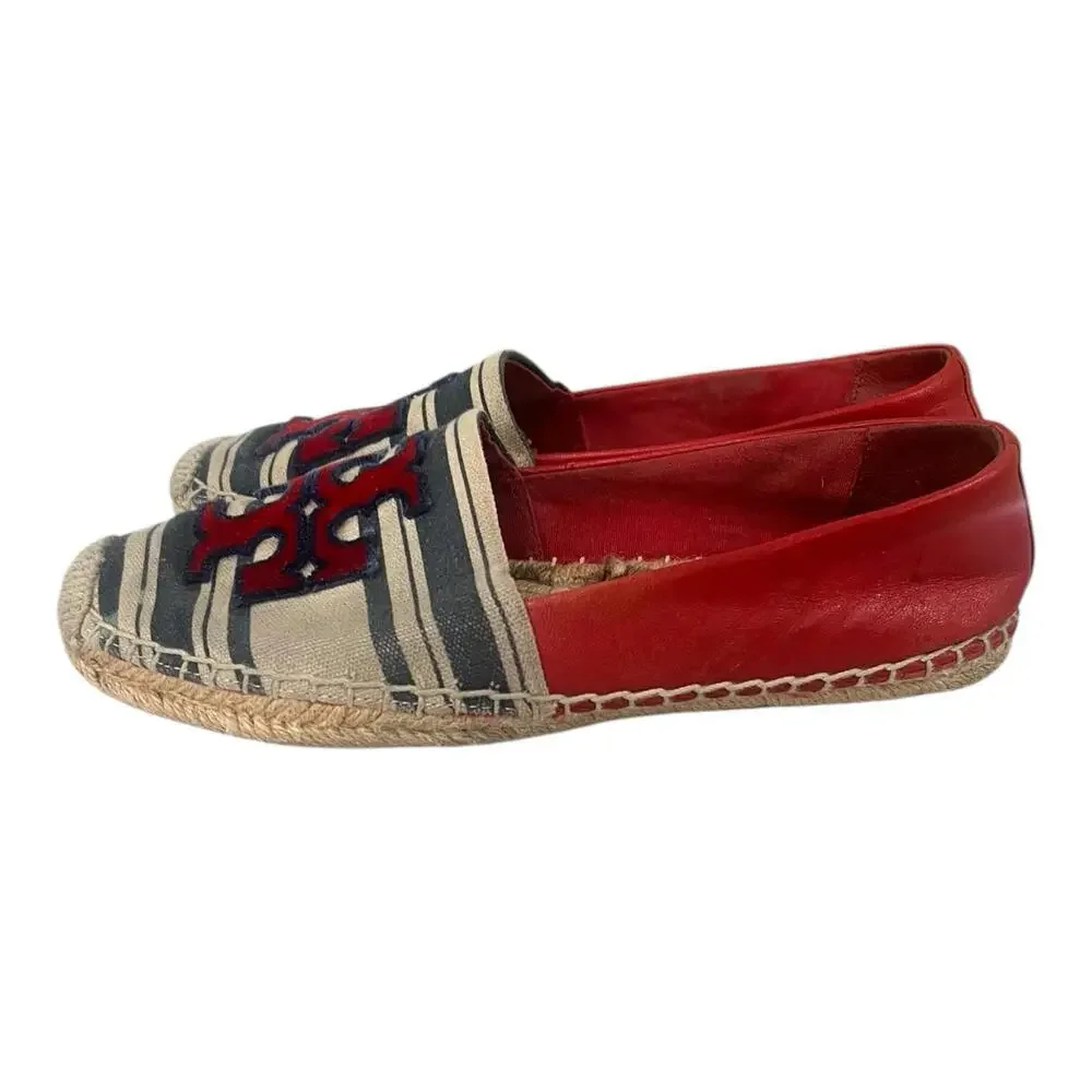 Tory Burch Ines Espadrille Women's Size 7.5 Fil Striped Coupe Red Blue